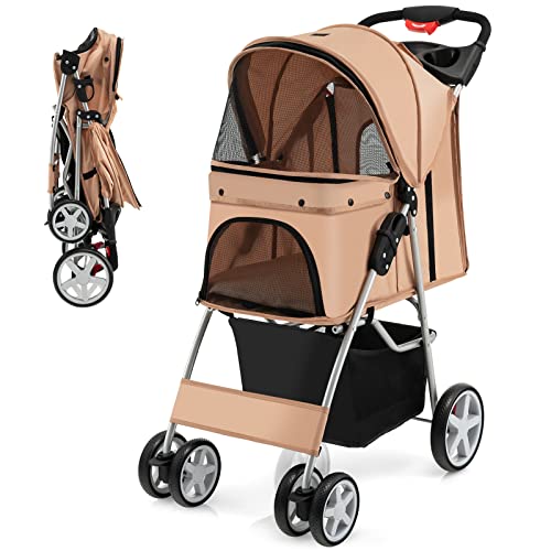 Giantex Folding Dog Stroller, Pet Stroller for Small Medium Dogs Cats Puppy, 4 Lockable Wheels Cat Stroller Travel Carrier Strolling Cart with Safety Belt, Removable Liner and Storage Basket (Beige)