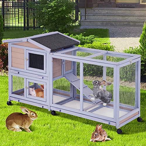 GINMAON Rabbit House 58" Rabbit Hutch Indoor & Outdoor Wooden Bunny Cage W/Wheels, Large Guinea Pig House Rabbits Cage with Run Ramp Removable Trays for Small Animals