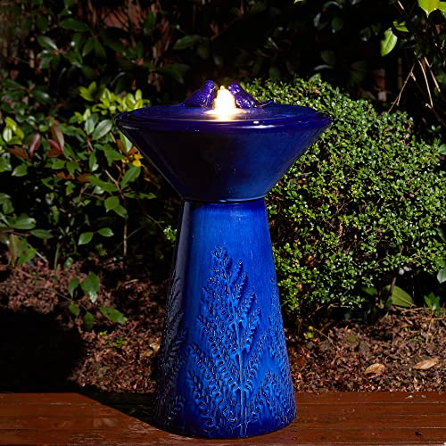 Glitzhome 27.5"H Outdoor Garden Water Fountain with LED Lights and Pump, Cobalt Blue Two Birds Embossed Plant Pattern Pedestal Ceramic Floor-Standing Fountain for Porch Deck Patio Backyard Decoration