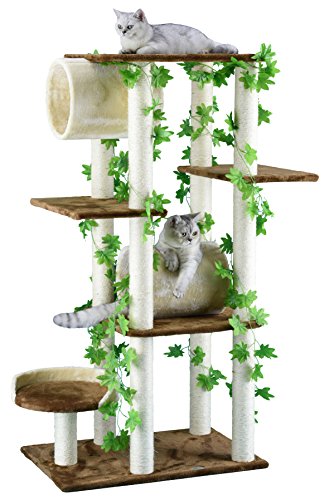 Go Pet Club 58" Jungle Forest Leaves Collection Luxury Cat Tree Condo Kitty Climber Furniture with Dual Tunnels and Low Perch, Beige/Brown