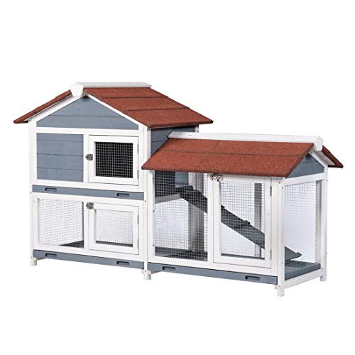 Good Life Two Floors 62" Wooden Outdoor Indoor Roof Waterproof Bunny Hutch Rabbit Cage Guinea Pig Coop PET House for Small to Medium Animals with Stairs and Cleaning Tray PET537