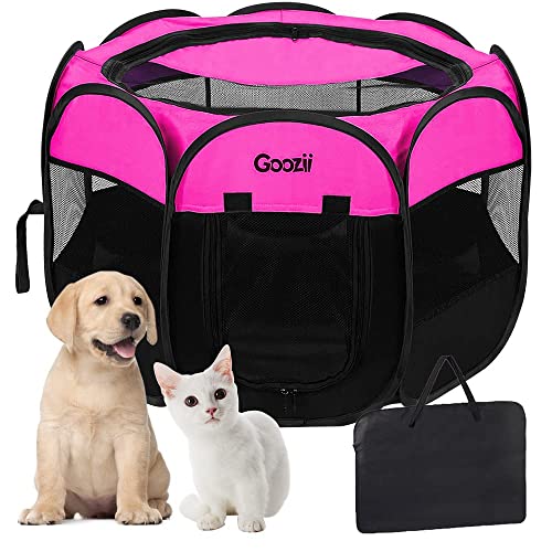 GOOZII Pet Cat Playpen for Indoor Cats Enclosed, Portable Foldable Dog Playpen Outdoor Tent Crate Cage with Zipper Top Cover Door for Kitten Puppy Outside Rv Car Camper (Small Size, Pink)