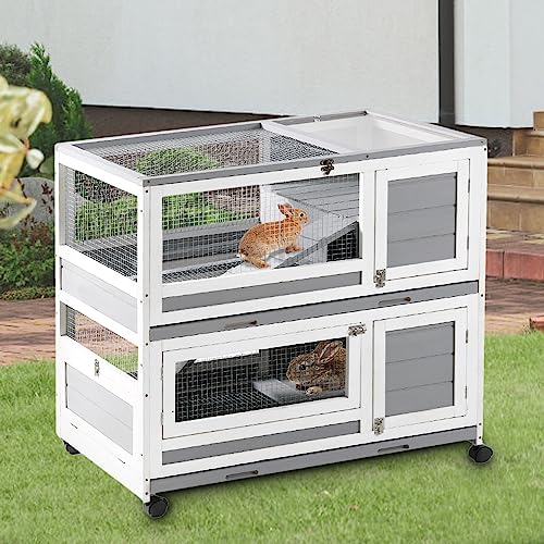 Graessa Rabbit Hutch Indoor Outdoor Bunny Hutch for Hamster Ferret and Other Small Animals Guinea Pig Habitats with 4 Casters -2 Story & 2 Trays
