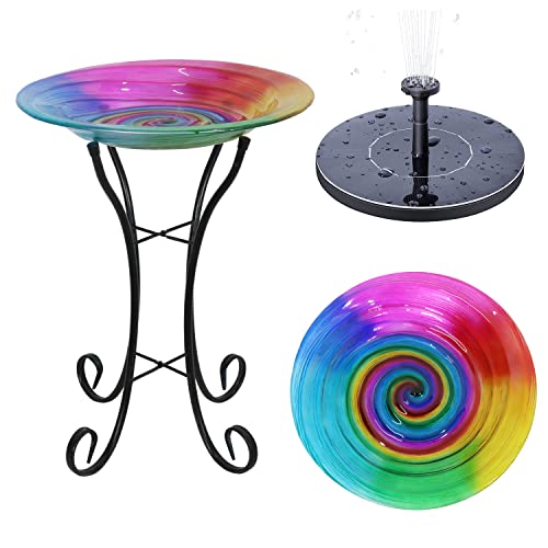 Grateful Gnome Hand-Painted Glass Bowl Bird Bath w/Solar Fountain - Rainbow Swirl Design