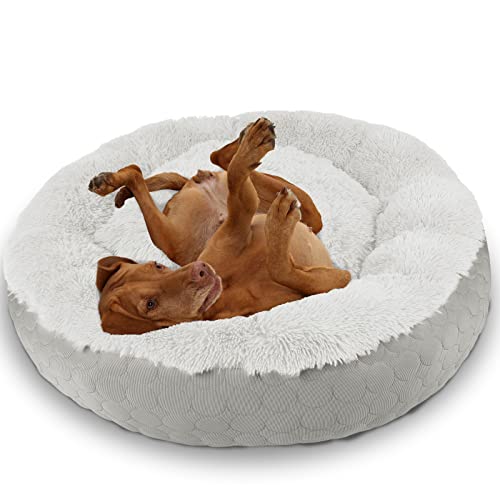 HACHIKITTY Dog Donut Bed Calming Bed Donut Round, Fluffy Dog Bed Medium Large Dogs, Cooling Warming Soft Dog Cushion Bed, Double Sided Available Donut Bed with Warm & Cool Sides(Large, Grey)