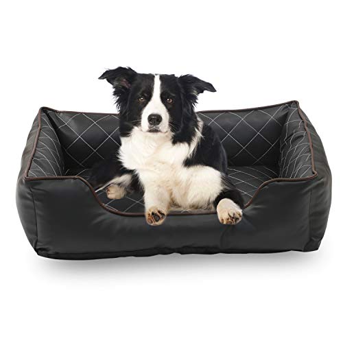 Happycare Textiles Luxury All Sides Faux leather Rectangle Pet Bed. Black color, 26x18 inches