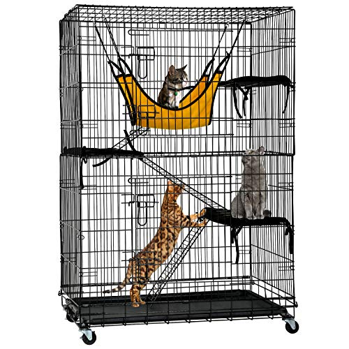 HCB Cat Kennel Cat Cage Ferret Cage Cat Houses Small Animal Pet Playpen 48" Height / 2 Front Doors / 3 Resting Cushion Beds / 3 Ramp Ladders Stairs / 1 Swing Hammock