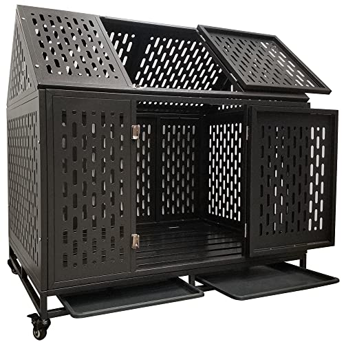 Heavy Duty Dog Crate Cage Kennel, Roof Large Strong Metal Playpen for Large Medium Dogs with Four Sturdy Locks and Four Lockable Wheels, 45''/Black