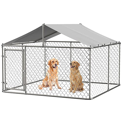 Heavy Duty Dog Kennel Outdoor Dog Chain Link Dog House Playpen Galvanized Outdoor Dog Kennel Fence Puppy Exercise Pen Dog Run Cage with UV & Waterproof Cover Secure Lock 90" L x 90" W x 65" H