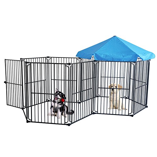 Heavy Duty Dog Playpen Kennel-LEMKA Pet Puppy Indoor & Outdoor Exercise Playpen with Door Foldable Dog Steel Crate Wire Metal Cage 10 Panels with Canopy