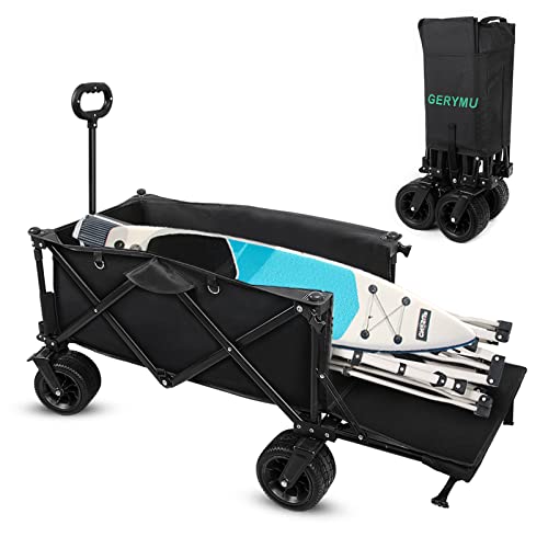 Heavy Duty Foldable Beach Wagons with Big Wheels, Collapsible Wagon Carts with Tailgate Folding Wagon Cart for Sand with Wide Wheels Dog Wagon Utility Pet Wagons Cart for Outdoor Garden Cart Black