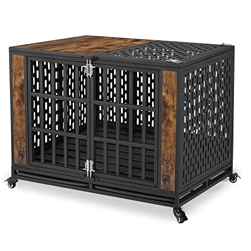 Heodmaem 42 Inch Heavy Duty Dog Cage Furniture for Large Dogs with Lockable Wheels, Metal Medium Kennel Indoor with Removable Tray