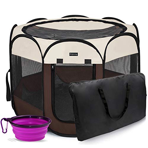 Hepeeng Portable Foldable Pet Playpen and Puppy playpen Pet Tent with Carrying Case Collapsible Travel Bowl Indoor/Outdoor Use with Water Resistant and Removable Shade Cover