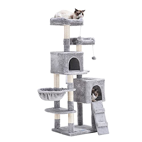 Hey-brother 58'' Multi-Level Cat Tree Condo Furniture with Sisal-Covered Scratching Posts, 2 Plush Condos, Hammock for Kittens, Cats and Pets Light Gray MPJ013W