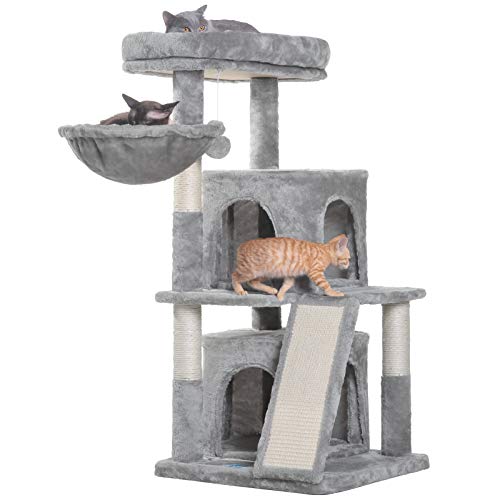 Hey-brother Cat Tree with Scratching Board, 2 Luxury Condos, 41.34 inches Cat Tower with Padded Plush Perch and Cozy Basket, Light Gray MPJ004W