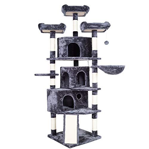 Hey-brother XL Size Cat Tree, 73.4 inch Cat Tower with 3 Caves, 3 Cozy Perches, Scratching Posts, Board, Activity Center Stable for Kitten/Big Cat, Gray MPJ032G