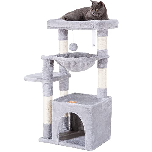 Heybly Cat Tree for Indoor Cats, Cat Tower condo for Kitten, Cat House with Padded Plush Perch, Cozy Hammock and Sisal Scratching Posts, Light Gray HCT003SW