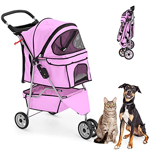 HHS Pet Stroller for Small Dogs & Cats Doggy Puppy Cat Strollers 30 lbs Animal Jogger Folding with 360 Rotating Front Wheel Travel Carriages Cart, Pink 34(L)* 17.5(W)*39(H)inches