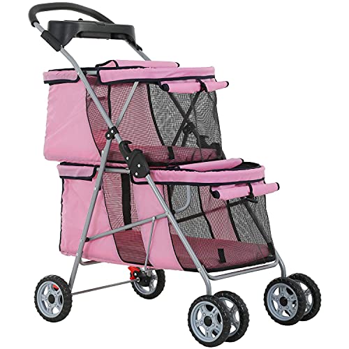 HHS Pet Strollers for 2 Dogs and Cats, Double 4 Wheel Doggie Small Medium Pets with Safety Belts Folding Portable Carriage Cart Storage Basket Travel Jogger, Pink, pinck, 30 x 19 40 Inch