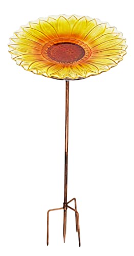 HOME-X Glass Sunflower Birdbath with Stake, Birdbath for Outdoors, Standing Bird Feeder or Glass Birdbath with Outdoor Stake, Bird Feeder Stand, 26" L x 8 ½" D, Yellow