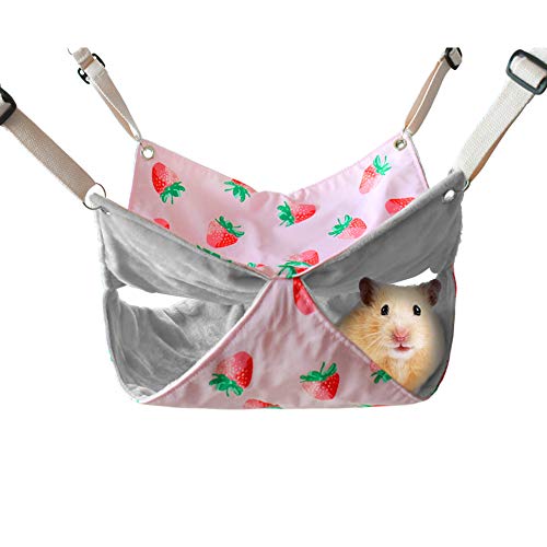 HOMEYA Pet Small Animal Hanging Hammock, Bunkbed Hammock Toy for Ferret Hamster Parrot Rat Guinea-Pig Mice Chinchilla Flying Squirrel Sleep Nap Sack Cage Swinging Bed Hideout (Pink Strawberry)