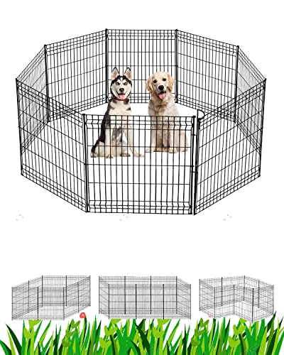 Hopesun Strong Metal Dog Fence, 44”H x288 W (8 Panels), Dog Fence Heavy Duty Exercise Pen with Sturdy Stakes for Dogs and Pets. Designed for Camping, Yard, Long-Term Guarantee, Black