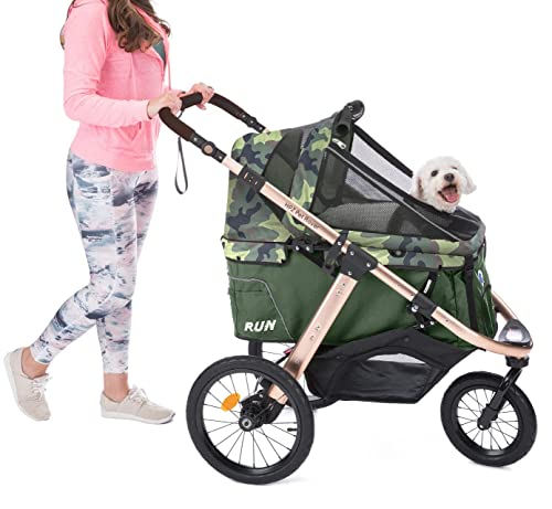 HPZ Pet Rover Run Performance Jogging Sports Stroller with Comfort Rubber Wheels/Zipper-Less Entry/1-Hand Quick Fold/Aluminum Frame for Small/Medium Dogs, Cats and Pets (Green Camo)