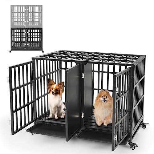 Huddycove Stackable Dog Crate with Divider, 42 Inch Double Heavy Duty Kennel for 2 Small Dogs, Indoor Pet Cage with Four Lockable Wheels and Two Removable Trays