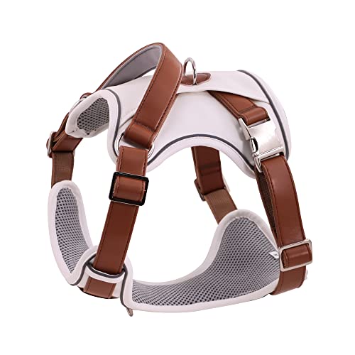 HuggieGems Leather Dog Harness for Medium, Large Size Dogs No Pull, Adjustable Dog Vest with Handle and Two Leash-Attachment Points, Easy to Clean, White L