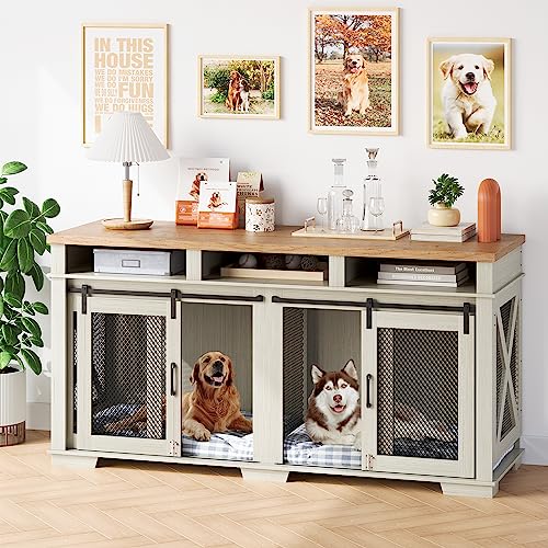 IDEALHOUSE Dog Crate Furniture, 71 Inch Wooden Dog Kennel, Dog Crate End Table with Double Doors, Divider, TV Cansole Table, Indoor Dog Cage for Large Dog or 2 Medium Dogs, 71" L x 23.6" W x 36" H