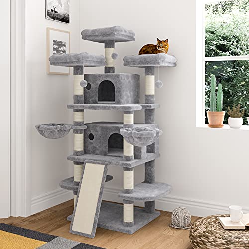 IMUsee 68 Inches Multi-Level Cat Tree for Large Cats/Big Cat Tower with Cat Condo/Cozy Plush Perches/Sisal Scratching Posts and Hammocks/ Activity Center Play House/Grey