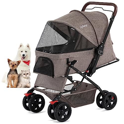 Ingborsa Pet Dog Stroller for Cats and Dog Four Wheels Carrier Strolling Cart with Weather Cover, with Storage Basket for Small Medium Dogs & Cats.