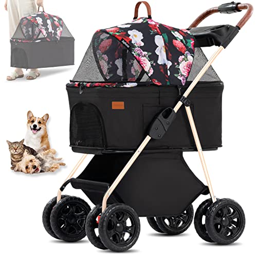 Ingborsa Pet Stroller, 3 in 1 Multifunction Pet Travel System,4 Wheel Foldable Pet Stroller with Storage Basket for Small Medium Dogs & Cats. Rose