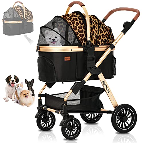 Ingborsa Pet Stroller, Dog Stroller for Medium Small Dog with Storage Basket Foldable Lightweight Dog Carrier Trolley.Basket can be Used Alone.（Leopard Brown）