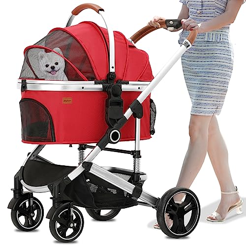 Ingborsa pet Stroller Travel System 4 Wheels Foldable Aluminum Alloy Frame Carriage for Small Medium Dogs & Cats Easy,Fold with Removable Liner, Storage Basket.