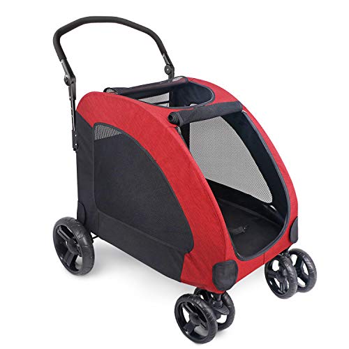 IREENUO 4 Wheels Dog Stroller for Large Pet Jogger Stroller for 2 Dogs, Storage Space Pet Can Easily Walk in/Out Travel up to 110 lbs (Red)