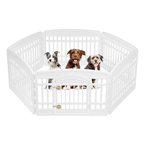 IRIS USA 24" Exercise 6-Panel Pet Playpen with Door, Dog Playpen For Puppy Small Dogs Keep Pets Secure Easy Assemble Easy Storing Customizable Non-Skid Rubber Feet, White