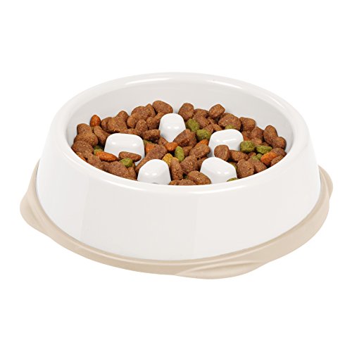 IRIS USA Small Slow Feeder Bowl for Short Snouted Pets, Slow Feeding Bowl with Raised Bumps for Dogs Cats and Other Pets, White/Beige