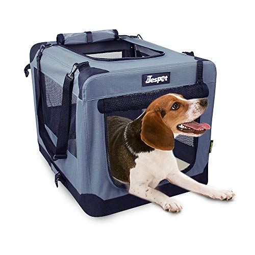 JESPET Soft Dog Crates Kennel for Pets, 3 Door Soft Sided Folding Travel Pet Carrier with Straps and Fleece Mat for Dogs, Cats, Rabbits, Grey Blue & Beige (26" L x 20" W x 20" H, Grey)