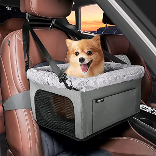 JOEJOY Deluxe Dog Booster Seat with Metal Frame and Safety Leash for Small Pets up to 15 lbs - Portable Dog Car Seat with Thick Cushion and Storage Pockets for Small Dogs