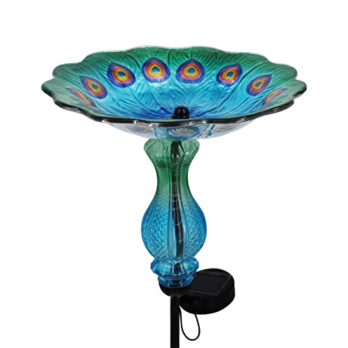 John's Studio Peacock Bird Bath for Outdoor - Glass Bowl Solar Light Cage Outside Dish Bird Feeder with Metal Stake for Garden, Yard and Patio - 32 inches