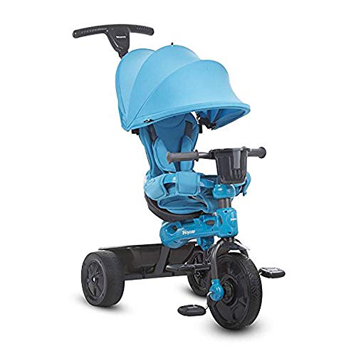 Joovy Tricycoo 4.1 Kids Tricycle with 4-Stages Featuring Extra-Wide Front Tire, Removable and Adjustable Parent Handle, Safety Harness, Machine-Washable Seat Pad, and Retractable Canopy (Blue)