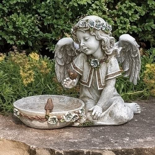 Joseph's Studio by Roman Inc., Garden Collection, Tall Angel Sitting by Solar Bird Bath Statue, 11 Inch Height, Resin