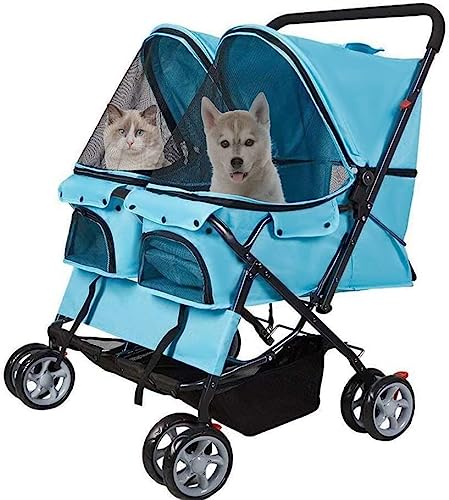 KARMAS PRODUCT Double Pet Stroller, Foldable Double Dog Stroller for 2 Dogs Cats with 4 Wheels, Twin Walk Jogger Travel Pet Carriage Cart with Storage, Blue