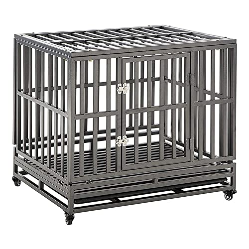 KELIXU 38” Heavy Duty Dog Crate Large Dog Cage Metal Dog Kennels and Crates for Large Dogs Indoor Outdoor with Locks, Lockable Wheels and Removable Tray, Easy to Install, Black