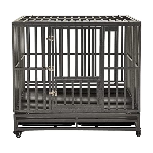 KELIXU 42” Heavy Duty Dog Crate Large Dog Cage Metal Dog Kennels and Crates for Large Dogs Indoor Outdoor with Locks, Lockable Wheels and Removable Tray, Easy to Install, Black