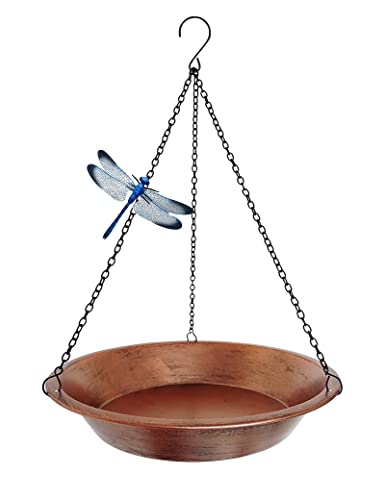 Keygift Hanging Bird Bath for Outdoor, Antique Copper Metal Bird Feeder Birdbath Bowl with 17” Rust-Proof Black Chains for Garden Backyard Decor