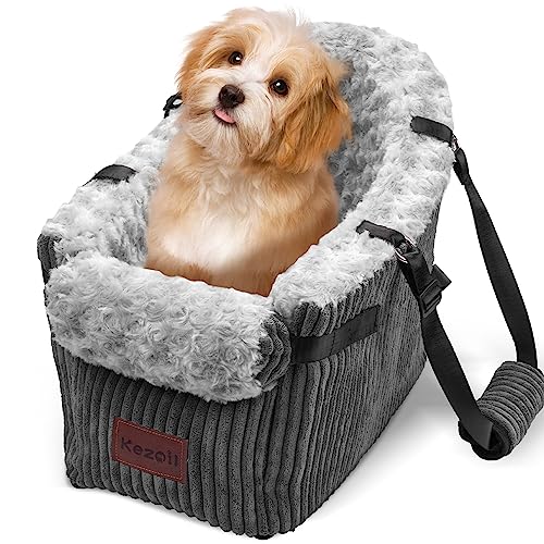 Kezoil Pet Dog Car Seat,Dog Dooster Seat for Small Dogs 0-15lbs,Puppy Car Seat with Safety Tethers and Pad,Center Console Dog Seat Fit for Single/Double Door Armrest(Grey-Plush)