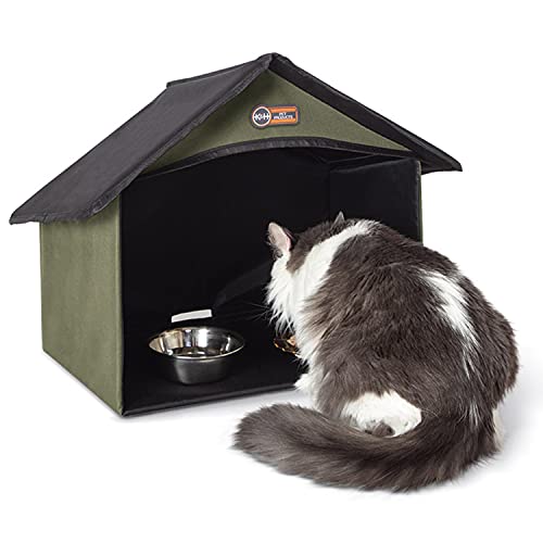 K&H PET PRODUCTS Outdoor Kitty Dining Room Outdoor Cat Shelter for Food & Water, Purrfect for Outdoor Feral Cats and Community Cats Olive 14 X 20 X 16.5