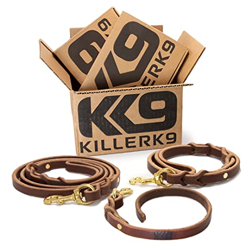 Killer K9 All 3-Leash Set| Super Heavy Duty Leather Military and Police Training Leashes, 1/4 inch Thick Full Grain Leather, Solid Brass Connector Snaps| German Designed, Amish Made Dark Brown